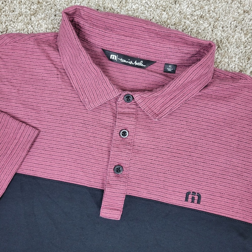 Travis Mathew Mens XL Red Black Striped Colorblock Performance Stretch Polo